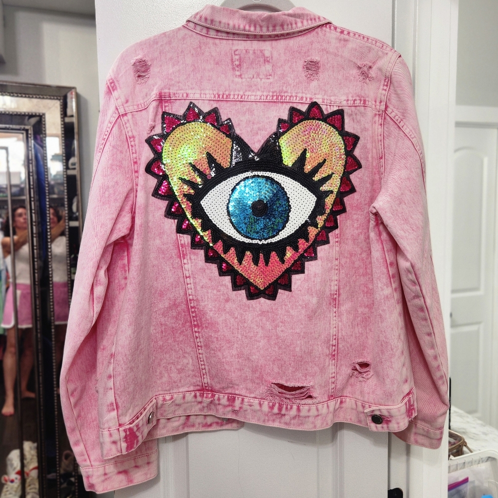 Evil Eye Distressed Jean Jacket, Pink Size Large, EUC - Picture 2 of 4